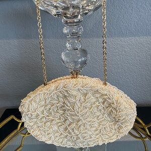 VTG Joseph Magnin Wedding Bridal Beaded Bag Old Hollywood Glam Cream Gold OS